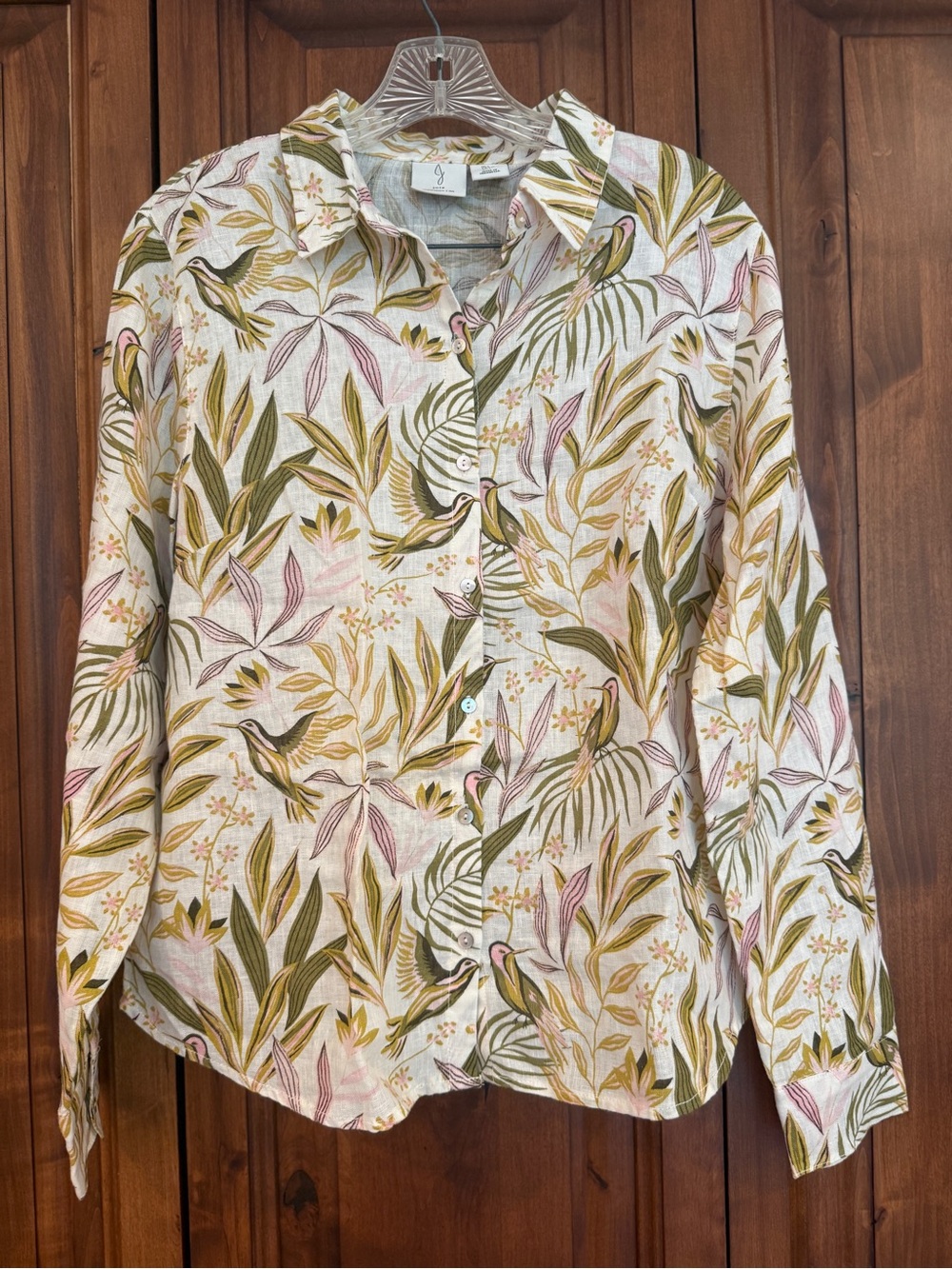 NWOT Joie 100% Linen Hummingbird Botanical Print cottage casual button up Shirt